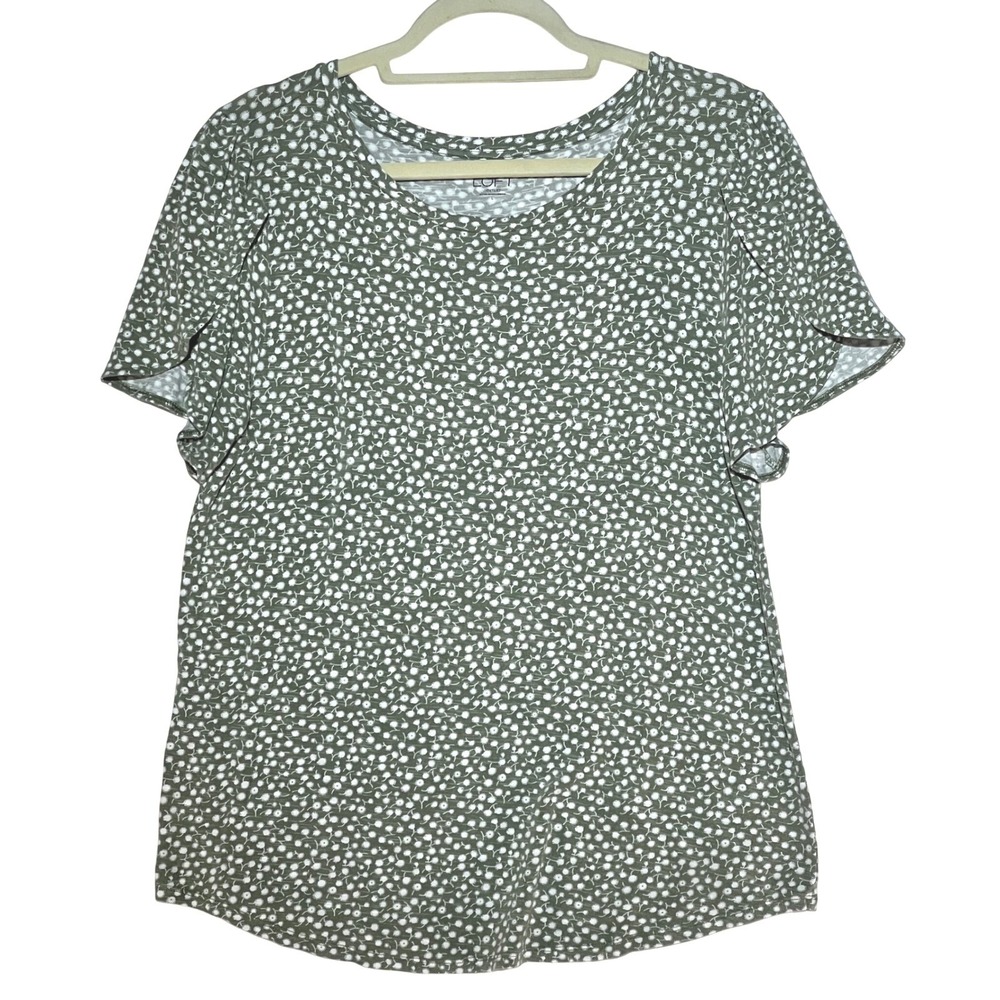 Loft Outlet Womens Sz L Olive Green Floral Tulip Sleeve Scoop Neck Stretch Top
